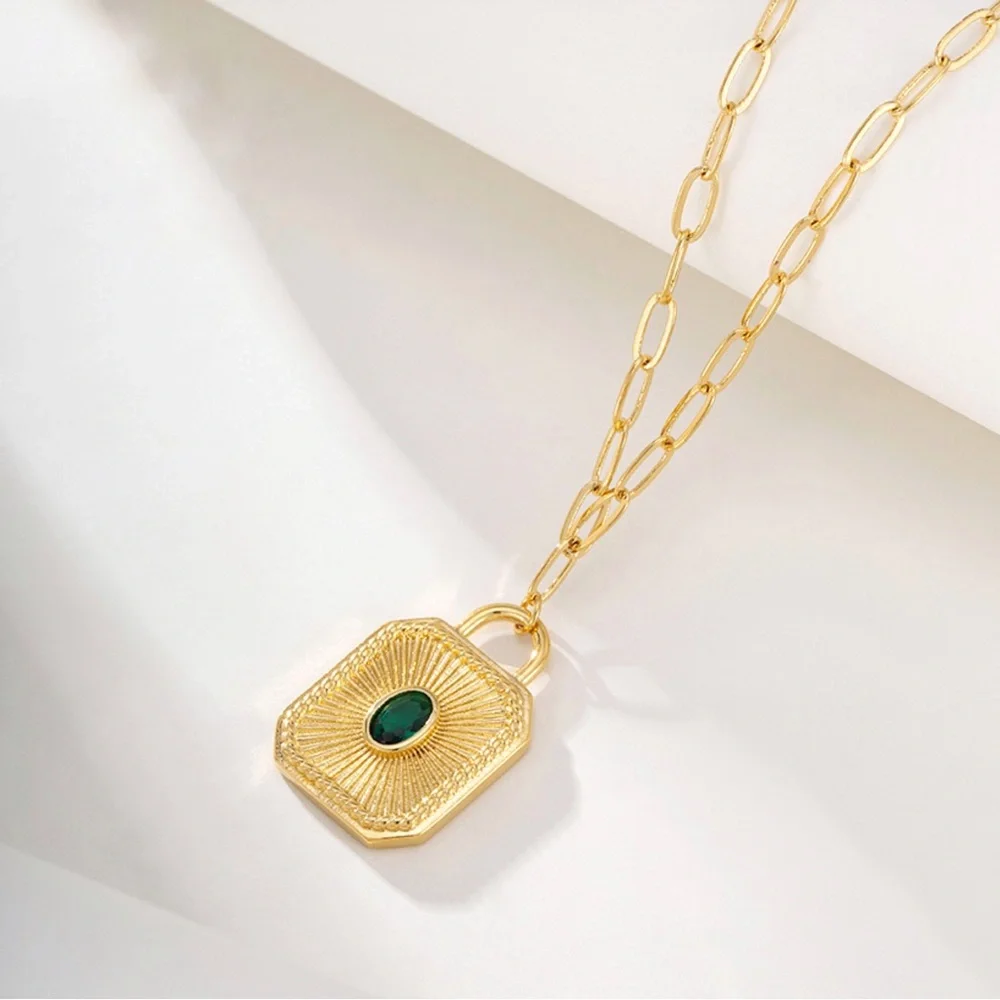 Last 1 🔥 Necklace 24k Gold Plated Emerald Stone Statement Dainty Jewelry - Picture 5 of 7